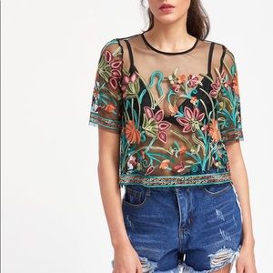 Floral Embroidered Mesh Crop Top